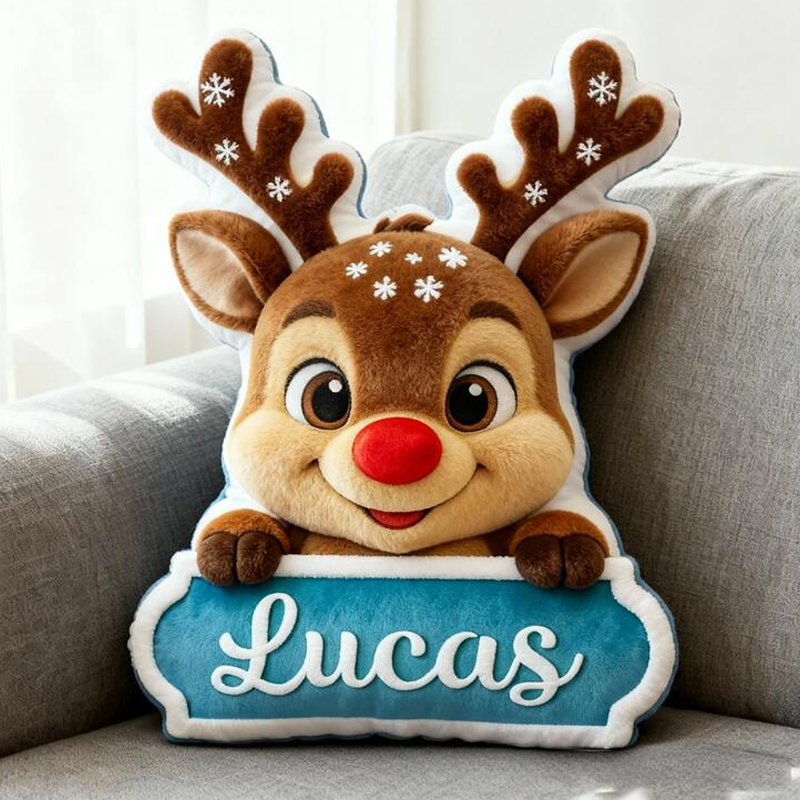 Personalized Reindeer Name Custom Soft Decorative Gift Red Nose Holiday Style Cute Winter Cozy Festive Joyful Lovely Christmas Room Fun Snowy Graphic 3D Print Pillow