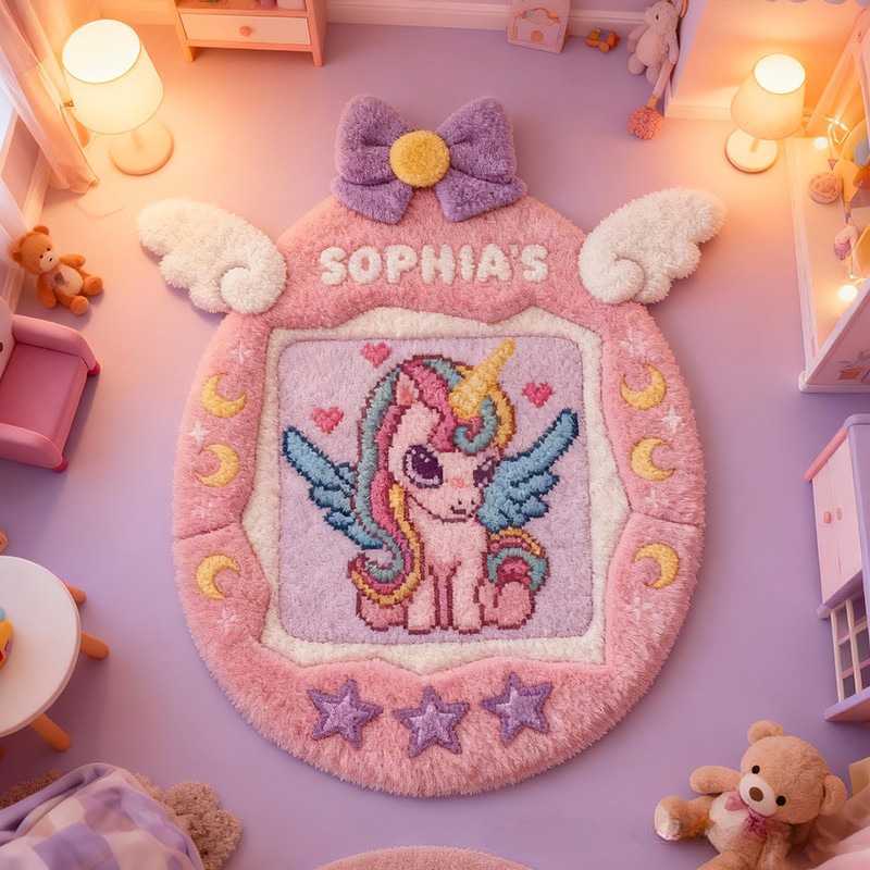 Personalized Dream Horse Wings Name Custom Soft Decorative Gift Pink Purple Style Magical Dream Cute Flying Pony Lovely Princess Room Cozy Sweet Floor Mat Carpet Rug for Kids