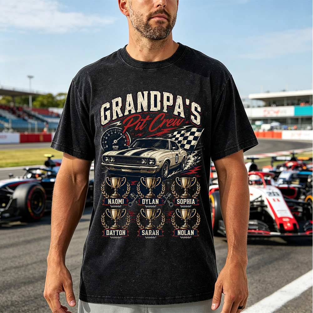 Personalized Grandpa's Pit Crew T-Shirt, Custom Vintage Race Car Shirt with Grandkids Names, Retro Racing Tee for Car-Loving Grandfathers, Fathers Day Gift