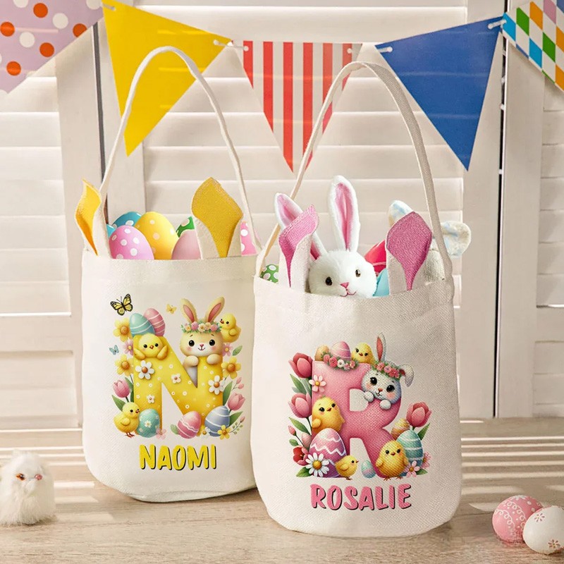 Personalized Cartoon Easter Bunny Ears Large Capacity Basket with Name and Initial Easter Eggs Hunting Party Easter Gift for Kids