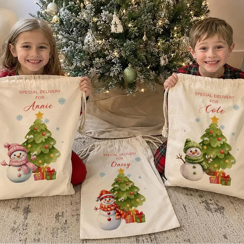 Personalized Christmas Tree Snowman Gift Sack Custom Name Large Santa Bag Reusable Holiday Present Storage Kids Christmas Bag