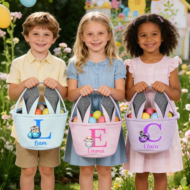 Personalized Multi Color Cute Animal Bunny Ears Easter Basket with Name and Initial Daily Use Holiday Party Easter Gift for Children