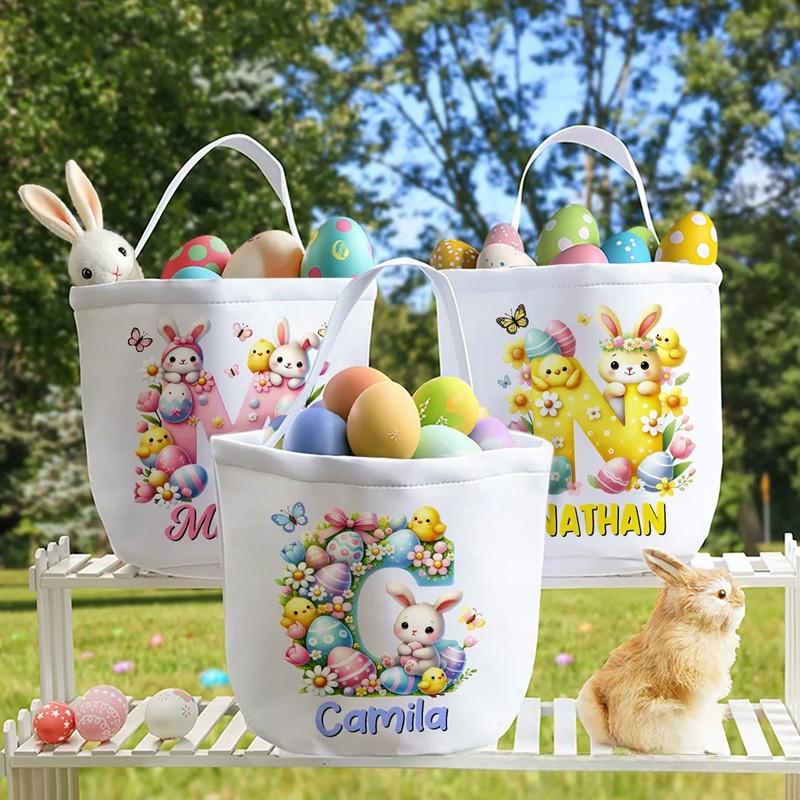 Personalized Cartoon Bunny Easter Eggs Large Capacity Canvas Easter Basket with Name and Initial Eggs Hunting Party Easter Gift for Kids