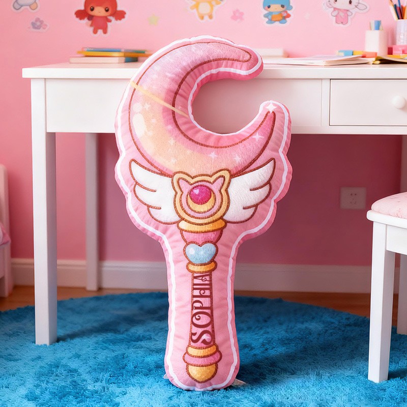 Personalized Magical Wand Moon Shape Custom Name Soft Decorative Gift Fantasy Princess Style Cozy Girls Room Dreamy Pink Graphic 3D Print Pillow