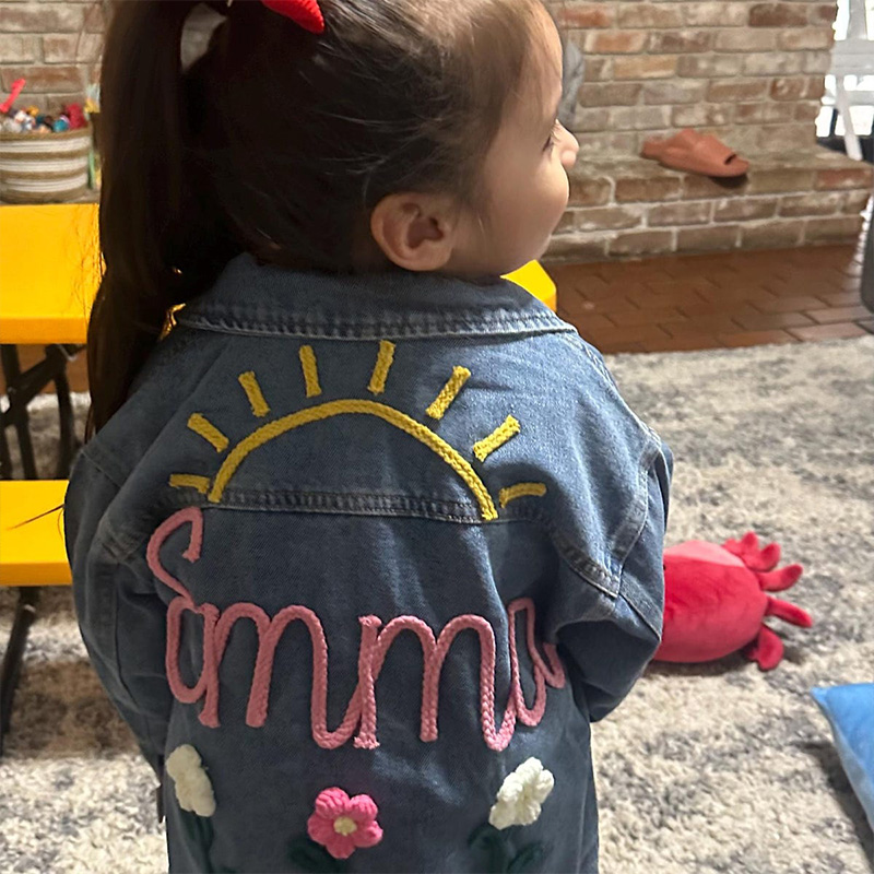 Personalized Sun and Flowers Embroidery Name Custom Cute Spring Garden Style Toddler Outfit Gift Kid Knitted Denim Jacket