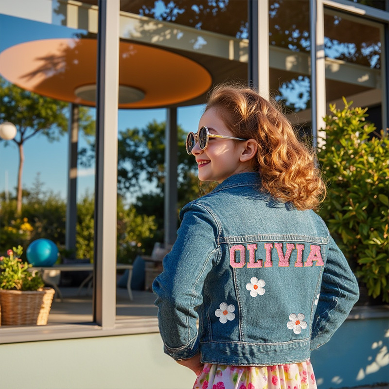 Personalized Pink Flower Custom Name Matching Sisters Outfit Spring Cute Style Kid Denim Jacket