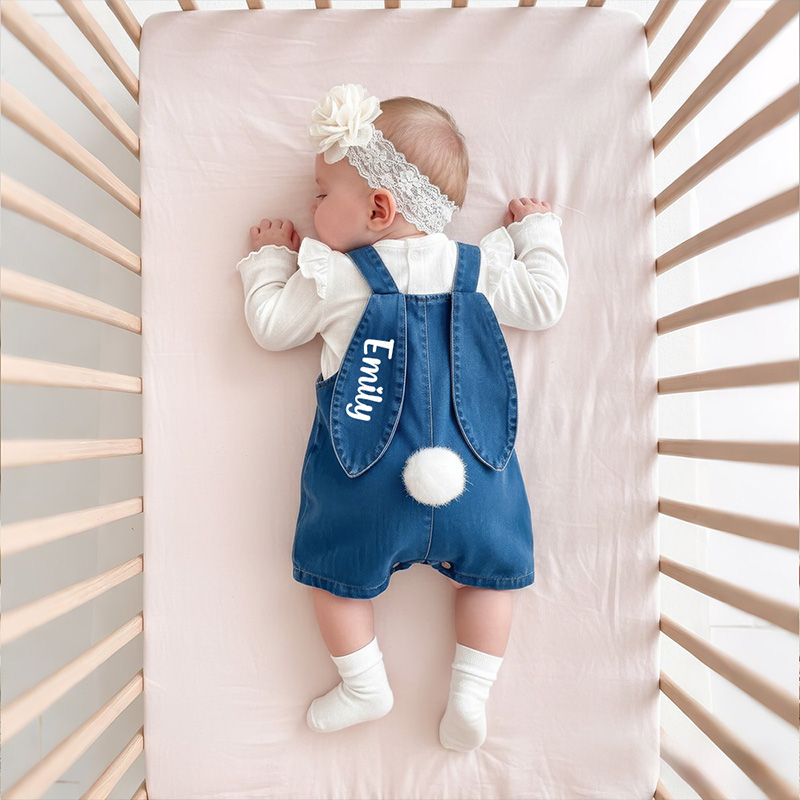 Personalized Name Custom Bunny Tail Cute Playtime Outfit Soft Comfortable Style Baby Gift Bunny Ears Denim Overalls