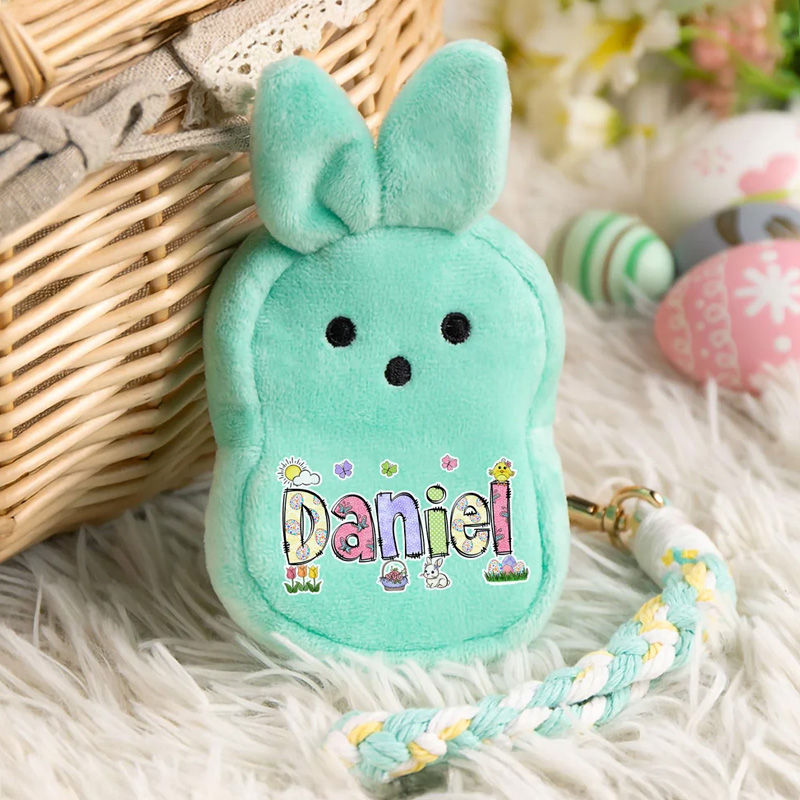 Personalized Macaron Color Cute Bunny Plush Coin Purse Wallet with Name and Wrist Strap Easter Basket Stuffers Easter Party Favor Gift for Kids