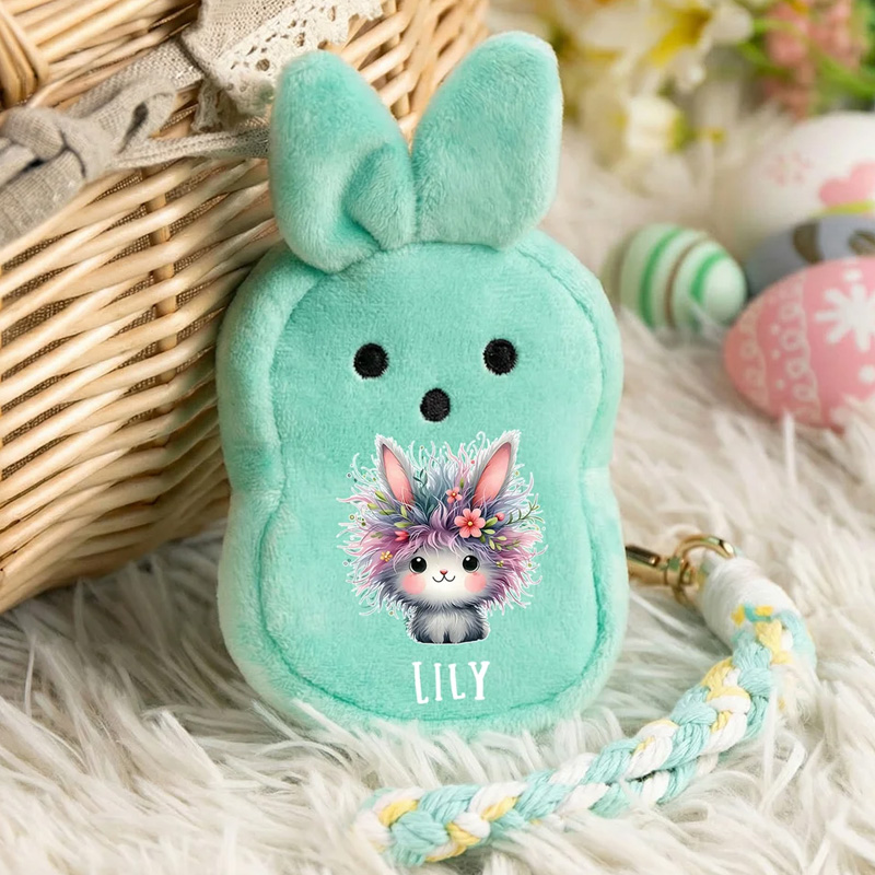 Personalized Cute Rabbit Flower Plush Bunny Ears Wallet with Name and Wristband Easter Party Birthday Gift for Boys Girls