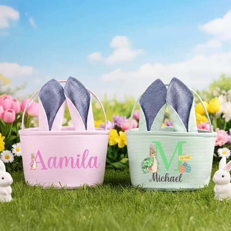 Personalized Cute Peter Rabbit Ears Stripe Easter Basket with Name and Initial Easter Party Favor Eggs Hunting Gift for Kids