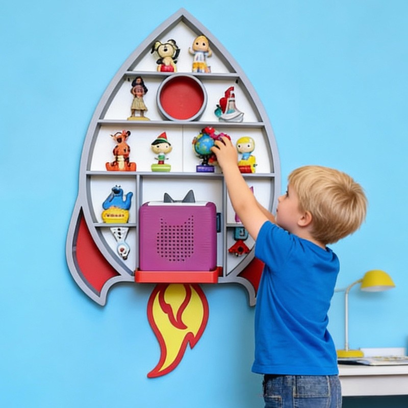 Rocket Shaped Wall Shelf Creative 3D Printed Kids Room Organizer Perfect for Displaying Toys, Figurines, and Space Themed Nursery Decor