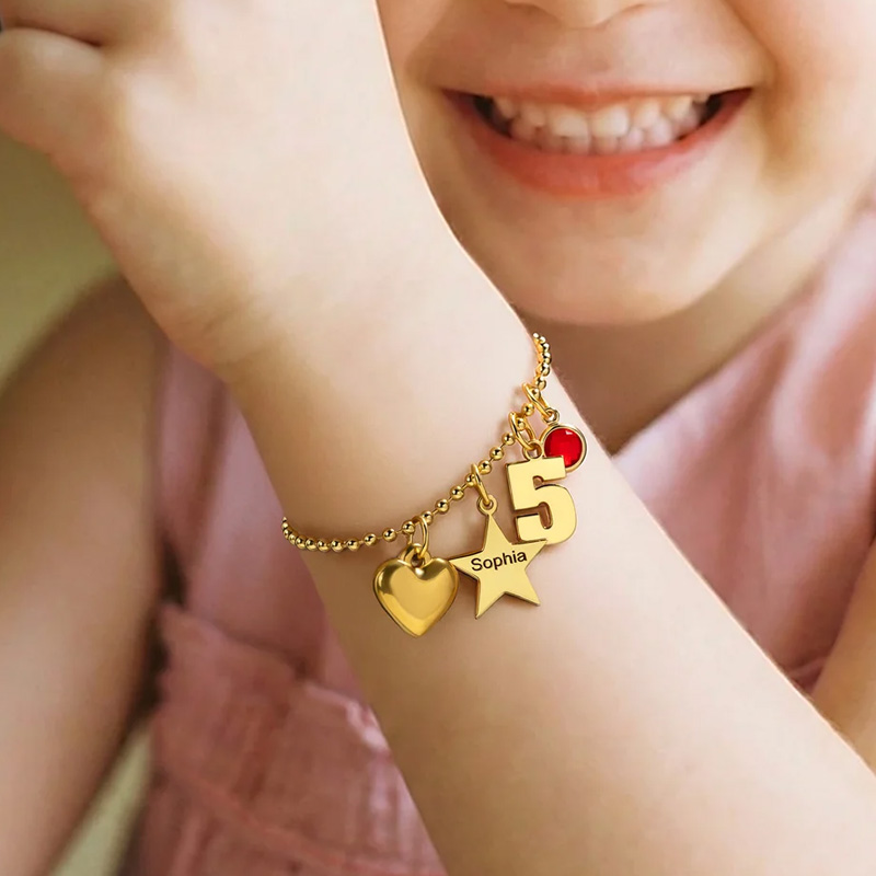 Personalized Lucky Star Heart Seahorse Ballerina Pendant Bead Chain Bracelet with Birthstone Number and Engraved Name Birthday Gift for Kids Girls