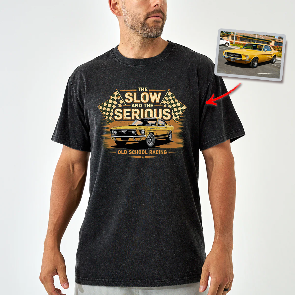 Personalized Retro Washed Cotton Racing T-Shirt Muscle Car "The Slow and The Serious" Graphic Tee, Vintage Checkered Flag Auto Enthusiast Shirt