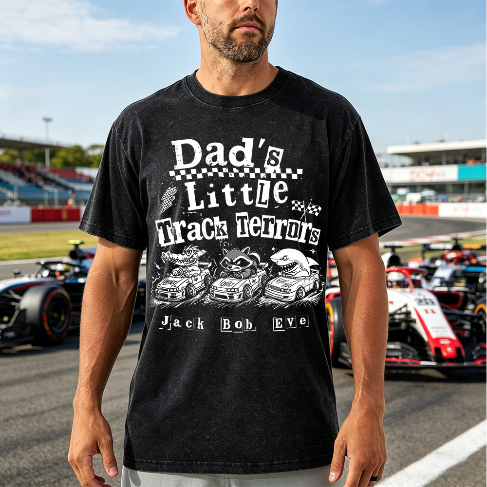 Personalized Dad's Little Track Terrors T-Shirt, Custom Kid Names Animal Race Car Dad Tee