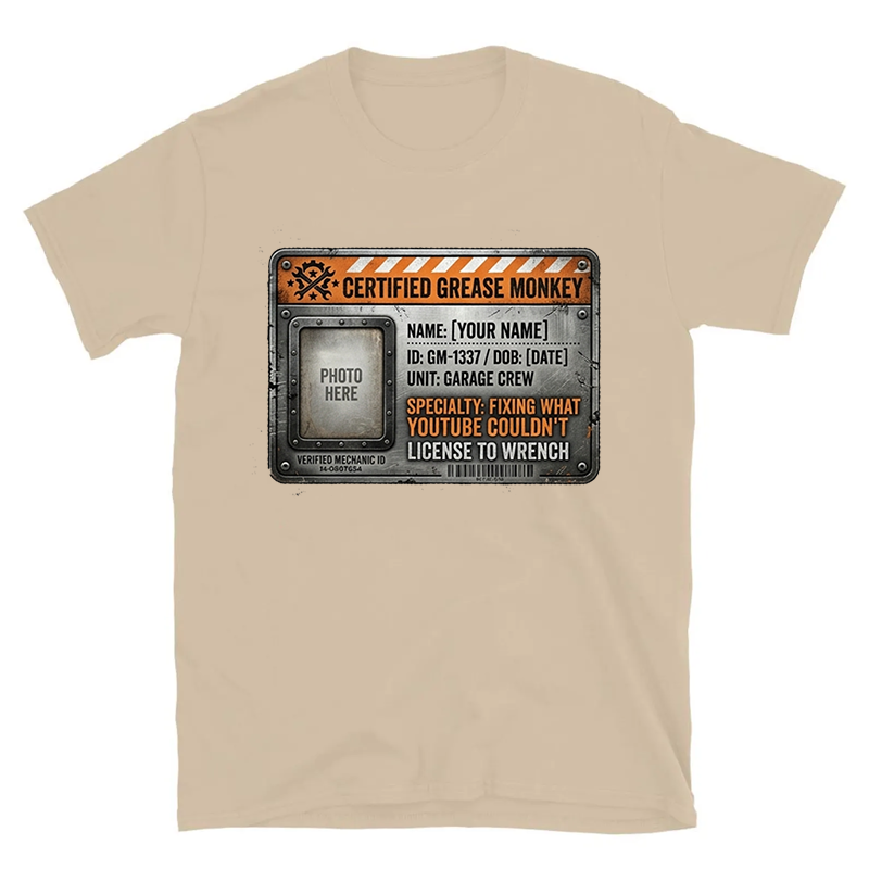 Personalized Certified Grease Monkey Mechanic Tee, Funny Garage Gift for Car Guys Dad