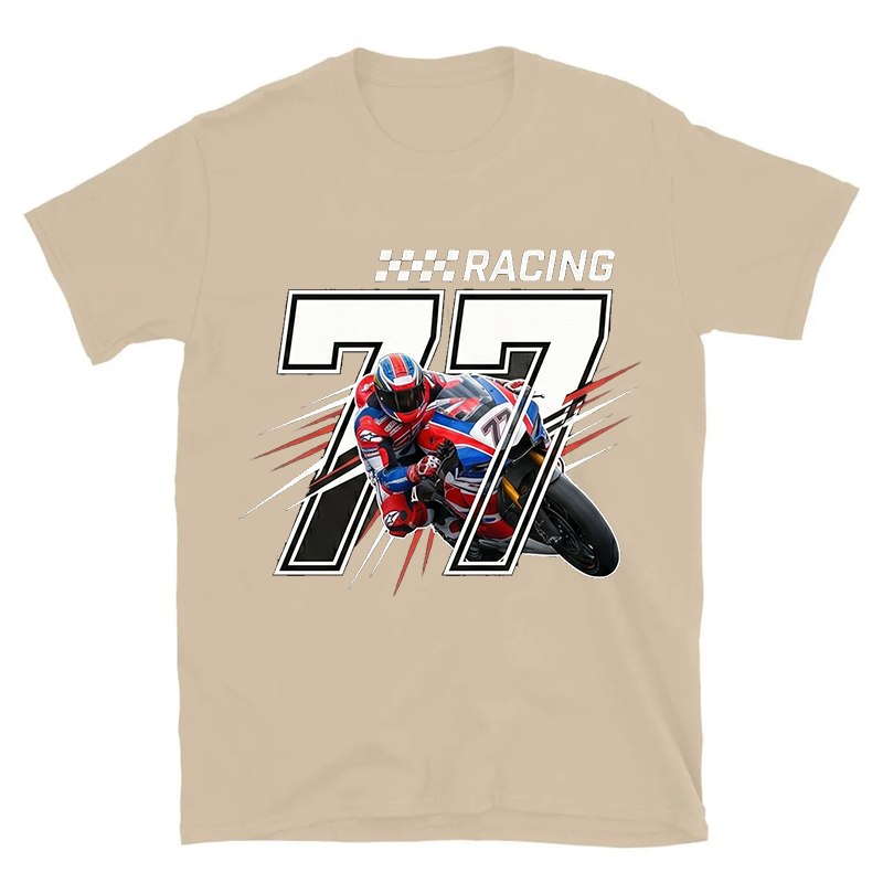 Personalized Number 77 Racing Motorcycle Rider Checkered Flag Graphic Unisex Black Cotton T-Shirt