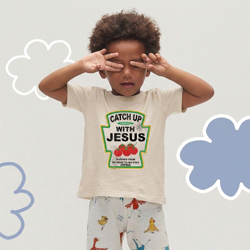 Personalized Catch Up With Jesus Scripture Tomato Blessed From My Head To Ma Toes Christian Faith Graphic Kid Washed T Shirt