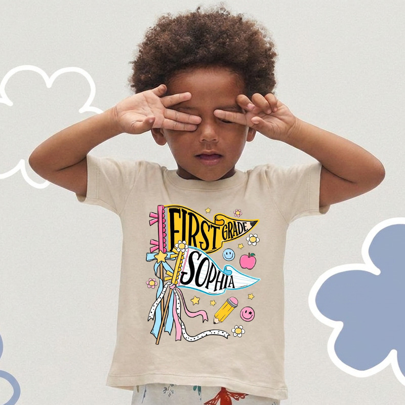 Personalized First Grade Pennant Name Back To School Cute Pastel Ribbons Stars Flowers Smiley Face Pencil Kid Washed T Shirt