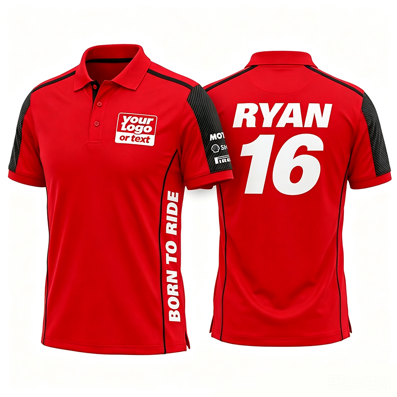 Personalized Double Sided Red Carbon Fiber Racing Polo Shirt Motorsport Team Pit Crew Performance Polo