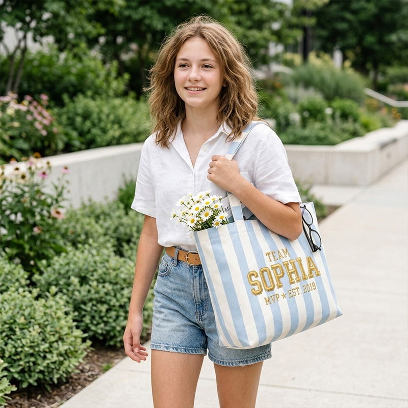 Personalized Embroidery Team Themed Neutral Stripe Design Canvas Tote Bag With Name MVP Est Year Sporty Varsity Style