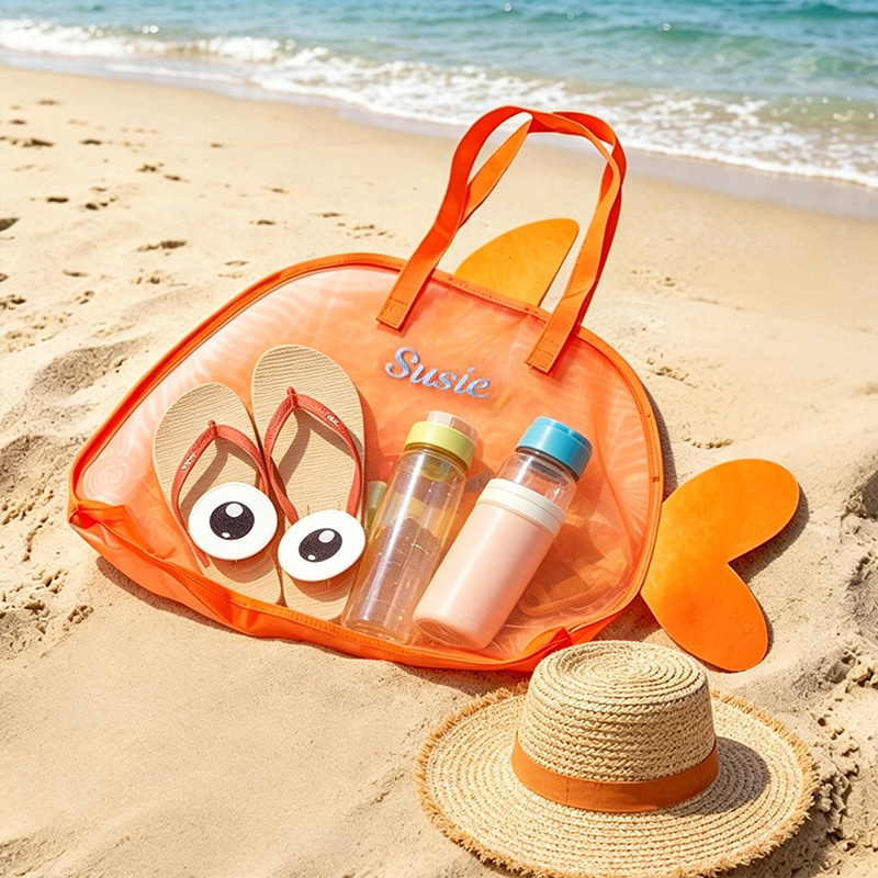 Personalized Kids Beach Toy Bag Cute Fish Mesh Tote With Name Sandproof Storage For Sand Toys Pool Trips