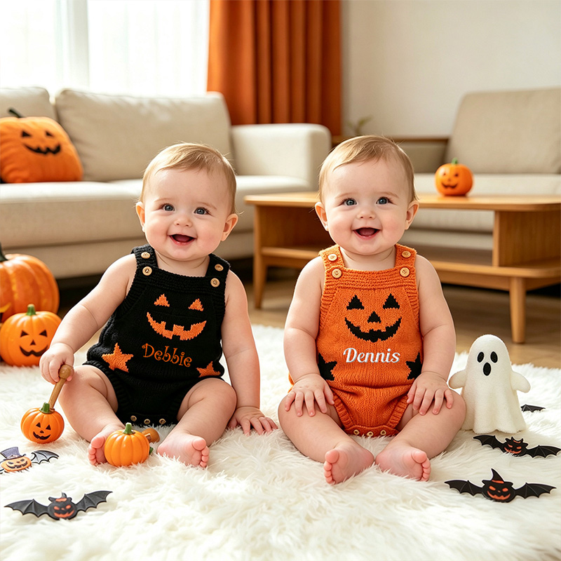 Personalized Baby Knitted suspenders Romper Halloween Pumpkin Jack O Lantern Outfit Custom Name Sleeveless Jumpsuit Costume