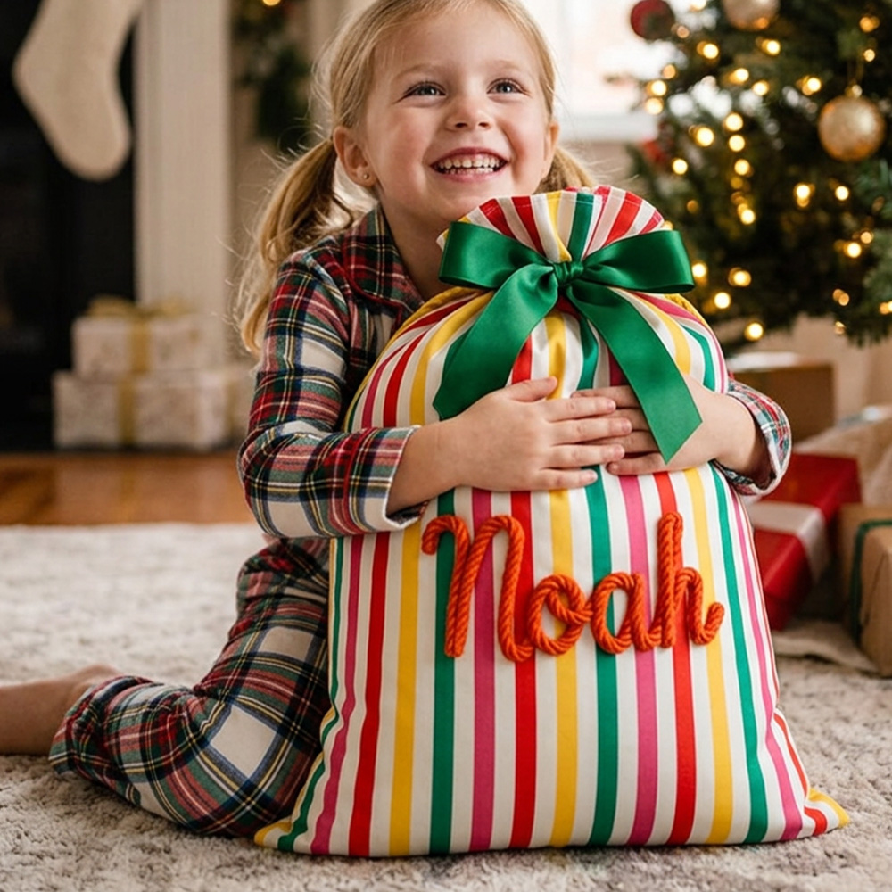 Personalized Striped Christmas Gift Sack Large Name Santa Bag With Gingerbread And Bow Holiday Present Storage For Kids