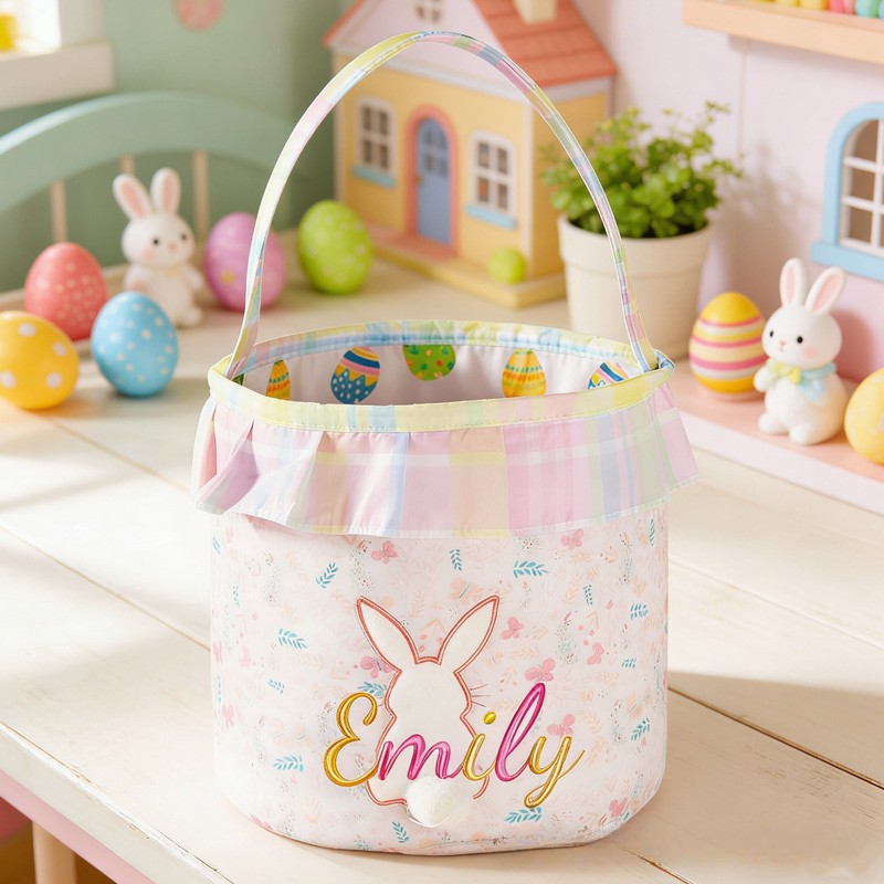 Personalized Unique Custom Name Adorable Rabbit Surrounded by Flowers Kids Holiday Treat Holder Easter Basket
