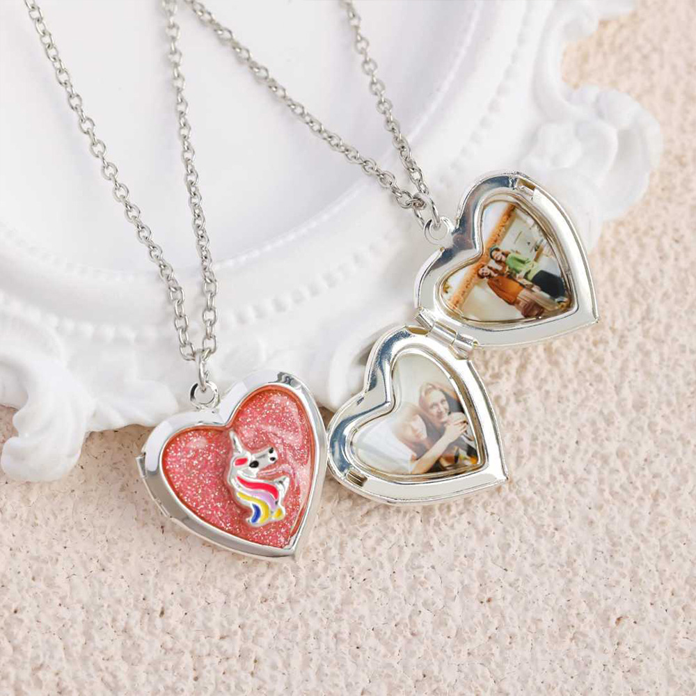 Personalized Rainbow Horse Heart Locket Necklace Cute Magic Themed Jewelry For Girls Keepsake Photo Pendant Gift Fairy Design