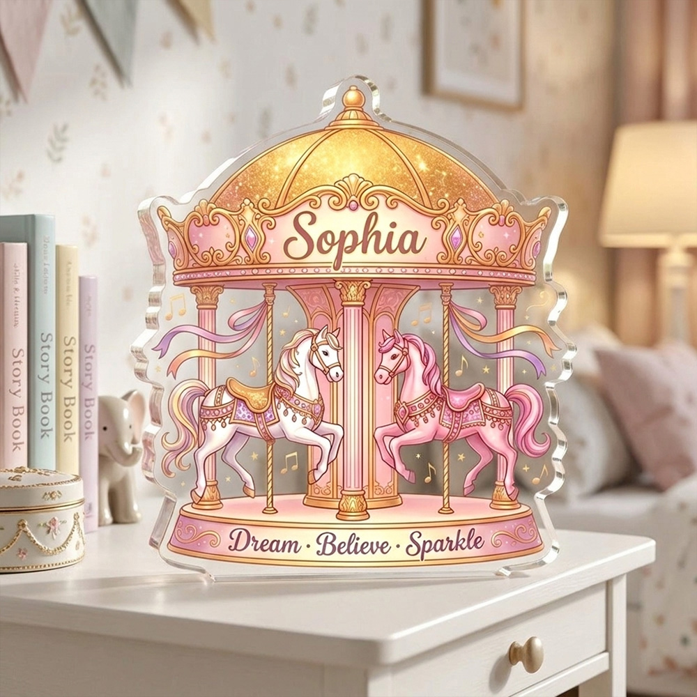 Personalized Carousel Acrylic Plaque Custom Name Dream Believe Sparkle Merry Go Round Horse Gift For Girls Kids Bedroom Nursery Fairy Tale Decor