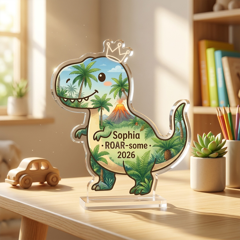 Personalized Dinosaur Acrylic Plaque Custom Name Roar Quote Kids Room Decor Cute Green Dino Gift For Boys Girls Nursery Birthday Keepsake
