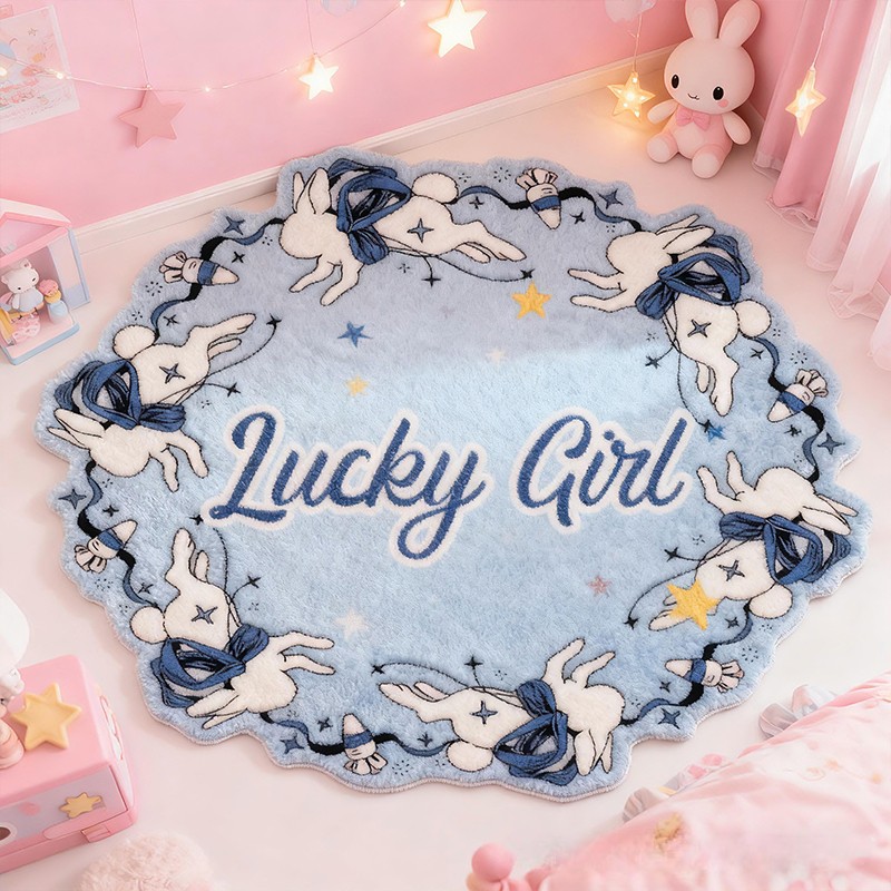 Personalized Bunny Moon Name Custom Soft Decorative Gift Blue Starry Style Cute Dream Lovely Night Sky Cozy Bedroom Sweet Magic Floor Mat Carpet Rug for Kids