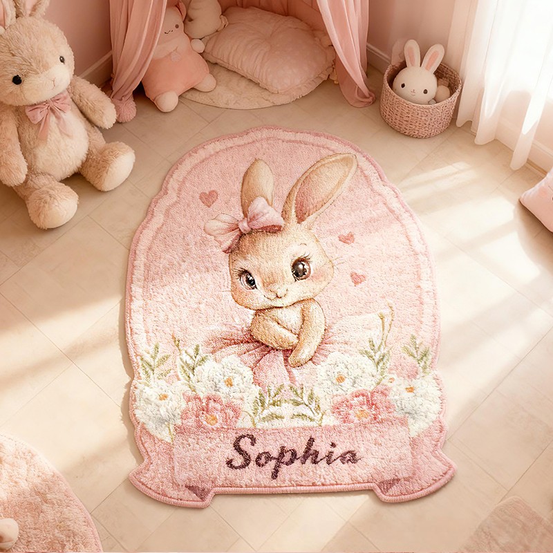 Personalized Bunny Name Custom Soft Decorative Gift Pink Floral Style Cute Animal Lovely Princess Room Cozy Sweet Garden Dream Floor Mat Carpet Rug for Kids