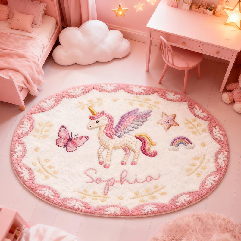 Personalized Dream Horse Name Custom Soft Decorative Gift Pink Rainbow Style Magical Dream Cute Flying Pony Lovely Princess Room Cozy Floor Mat Carpet Rug for Kids