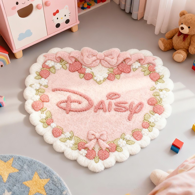 Personalized Heart Name Custom Soft Decorative Gift Pink Strawberry Style Cute Cozy Bedroom Lovely Bow Sweet Princess Room Comfort Floor Mat Carpet Rug for Kids