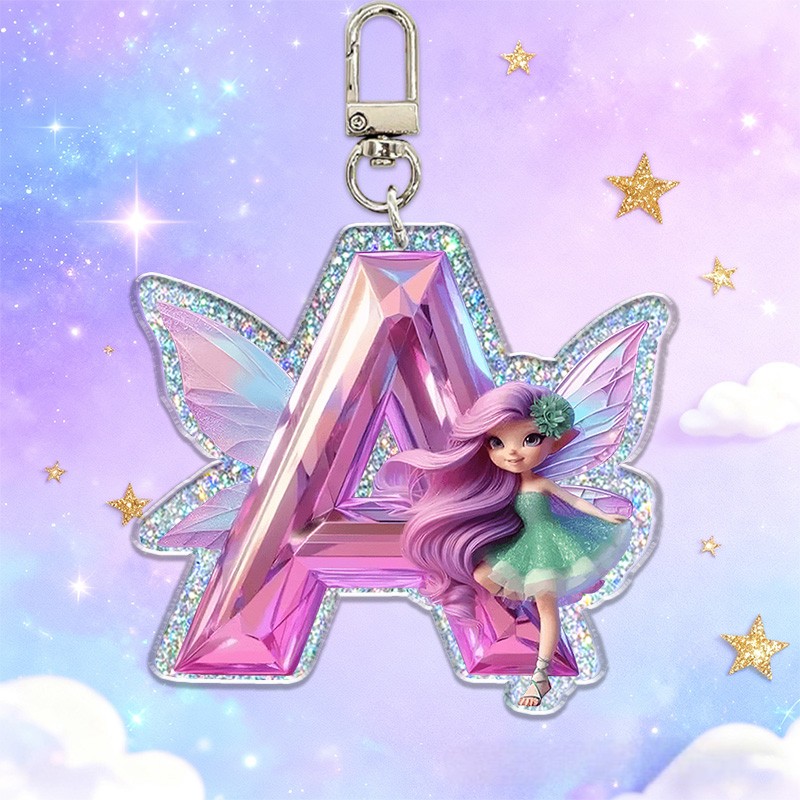 Personalized Fairy Initial Custom Name Soft Decorative Gift Magical Sparkle Style Pink Purple Dream Cute Fantasy Wings Lovely Girl Charm Enchanted Accessory Glitter Keychain Sale-megacustom