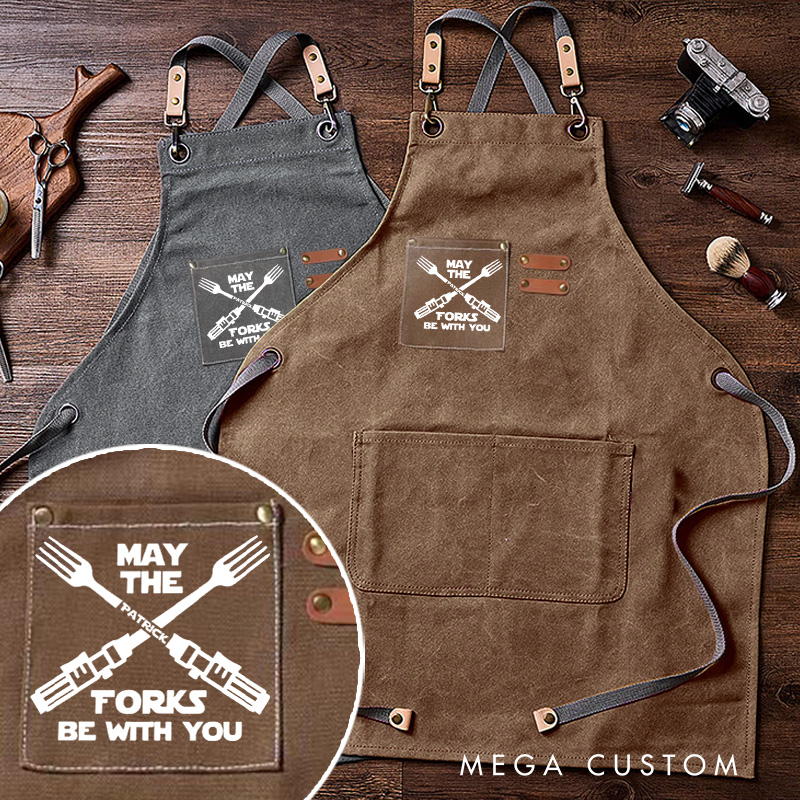 Personalized May The Forks Be With You Canvas Apron Funny Geek Workshop Apron Bartender's Apron  Barbeque Apron Chef Apron for Movie Lovers
