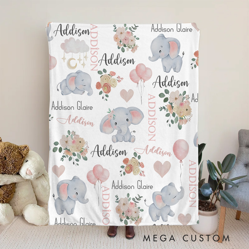 Personalized Elephant And Heart Pattern Baby Blanket Highlighting Cute Elephants And Sweet Details Baby Blanket