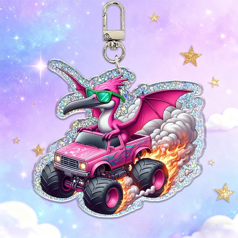 Personalized Dragon Truck Custom Name Soft Decorative Gift Fantasy Adventure Style Pink Fire Flame Power Cool Monster Car Fun Boy Toy Charm Unique Accessory Glitter Keychain