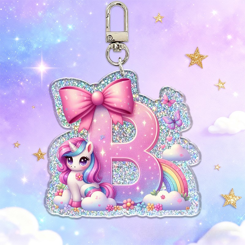 Personalized Dream Horse Bow Initial Custom Name Soft Decorative Gift Pink Rainbow Style Sparkle Dream Cute Magical Cloud Fantasy Lovely Girl Charm Accessory Glitter Keychain