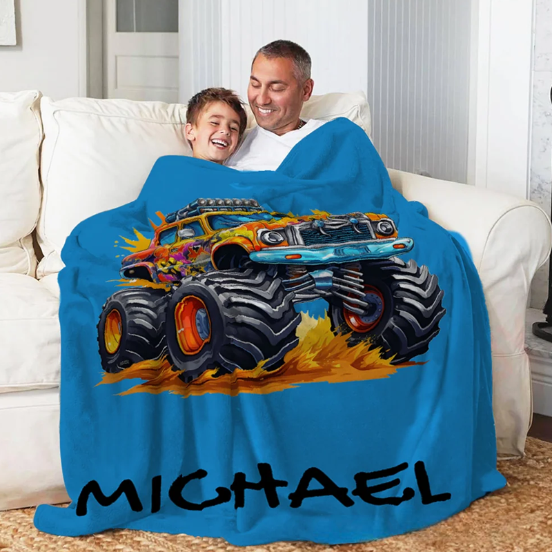Personalized Big Wheel Off Road Truck Soft Throw Blanket with Name Home Decor Birthday Gift 