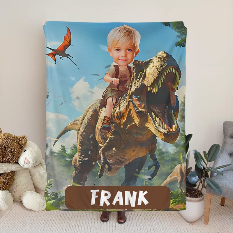 Personalized Boy Riding Dinosaur Fleece Blanket Gift for Kids