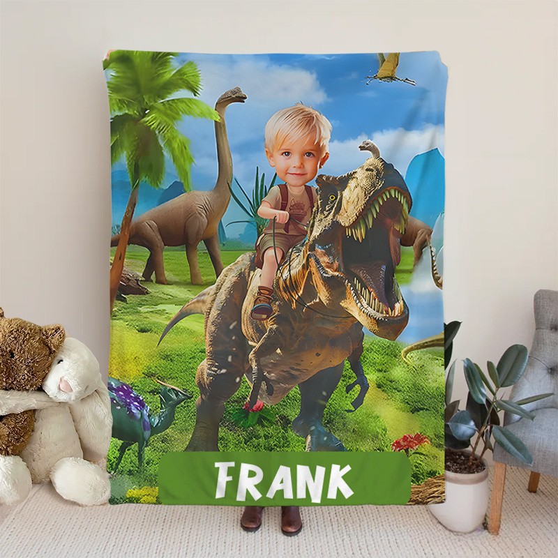 Personalized Boy Riding Dinosaur Blanket with Photo Gift for Boys