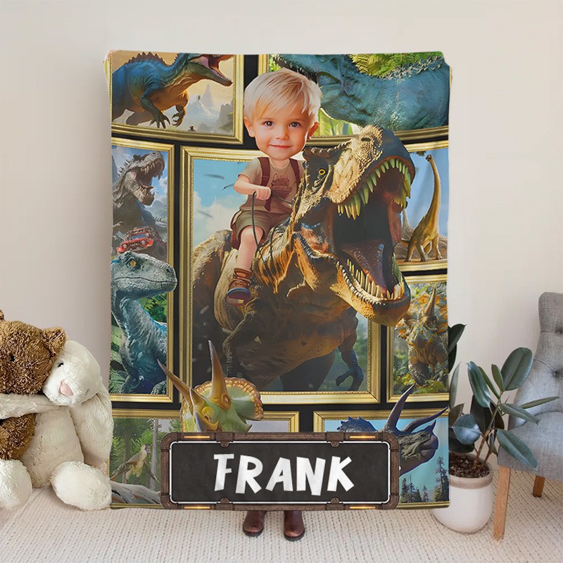 Personalized Boy Riding Dinosaur Fleece Blanket Gift for Kids