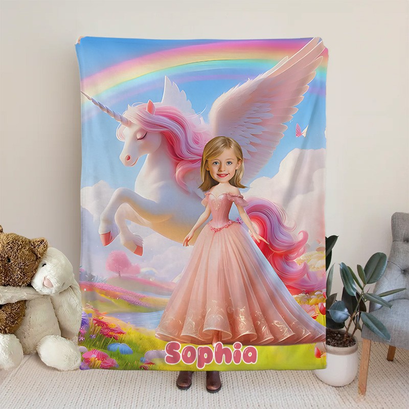Personalized Princess and Dream Horse Blanket with Funny Photo Gift for Kids Birthday Children's Day Gift