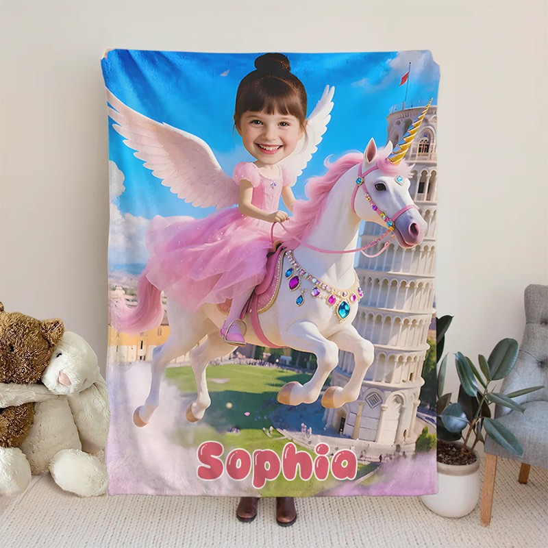 Personalized Blanket Dream Horse and Girl in Pink Dress with Silver Wings Leaning Tower Fantasy Landscape Birthday Children's Day Gift