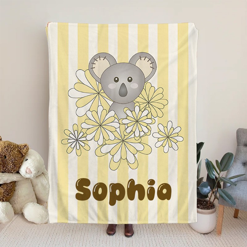 Personalized Yellow Stripe Cute Baby Koala Bear Kids Blanket Birthday Children's Day Gift