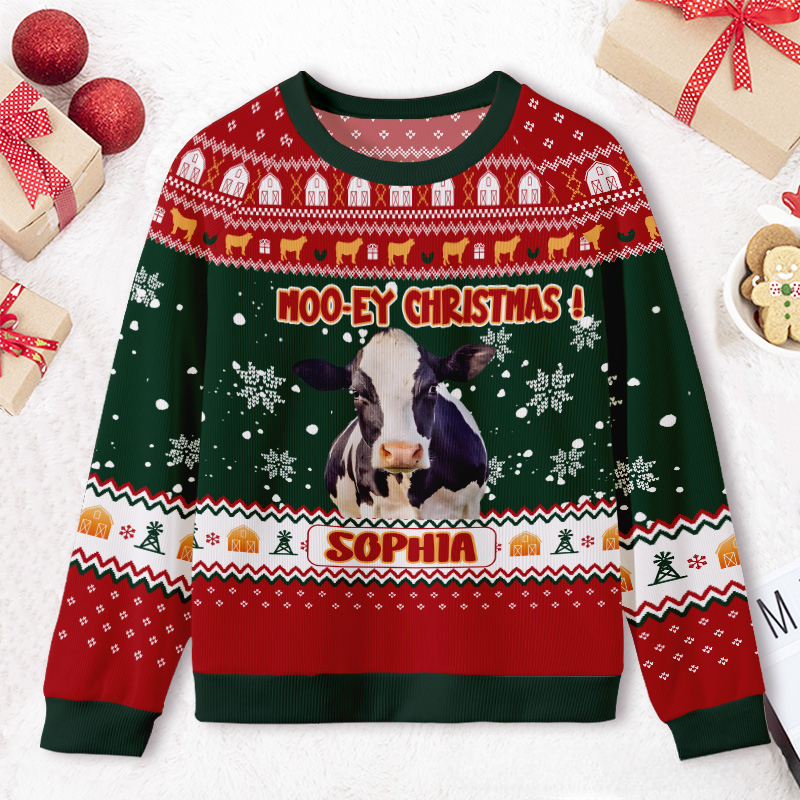 Personalized Cow with Christmas Lights Photo Kids Ugly Christmas Sweater  