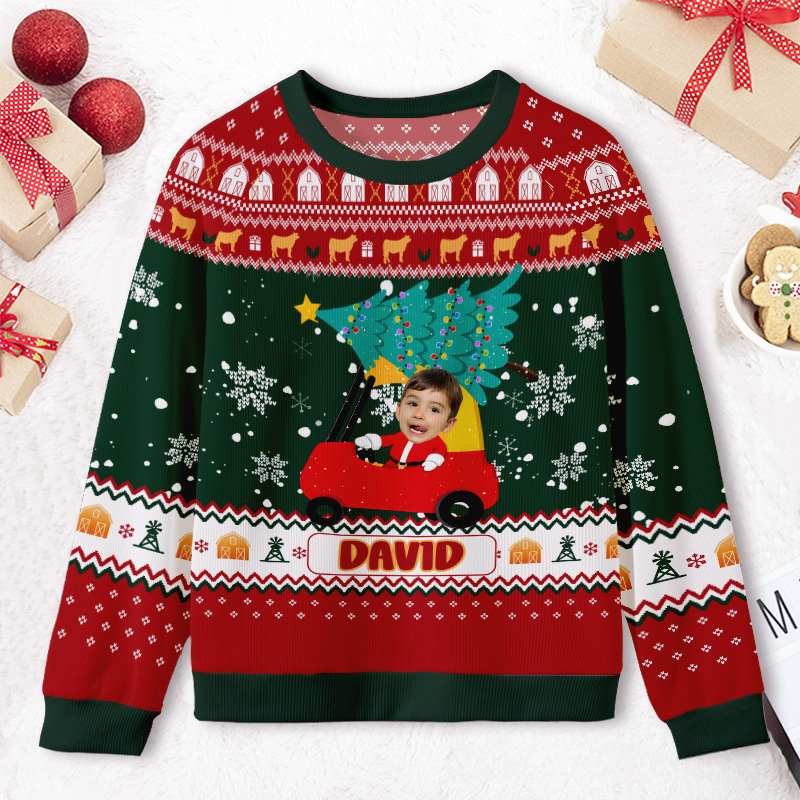 Personalized Red Car with Christmas Tree Photo Kids Ugly Christmas Sweater  