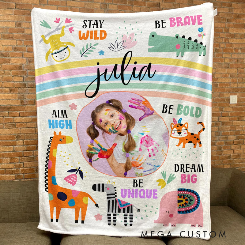 Personalized Stay Wild Affirmations for Kids with Safari Animals Blanket